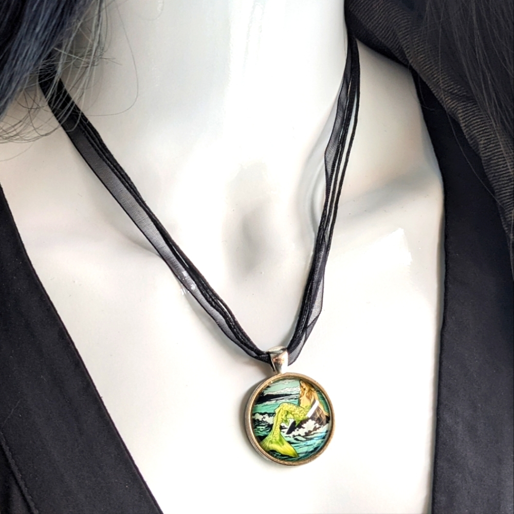 Mermaid Beach Pendant Black Ribbon Triple Cord Necklace